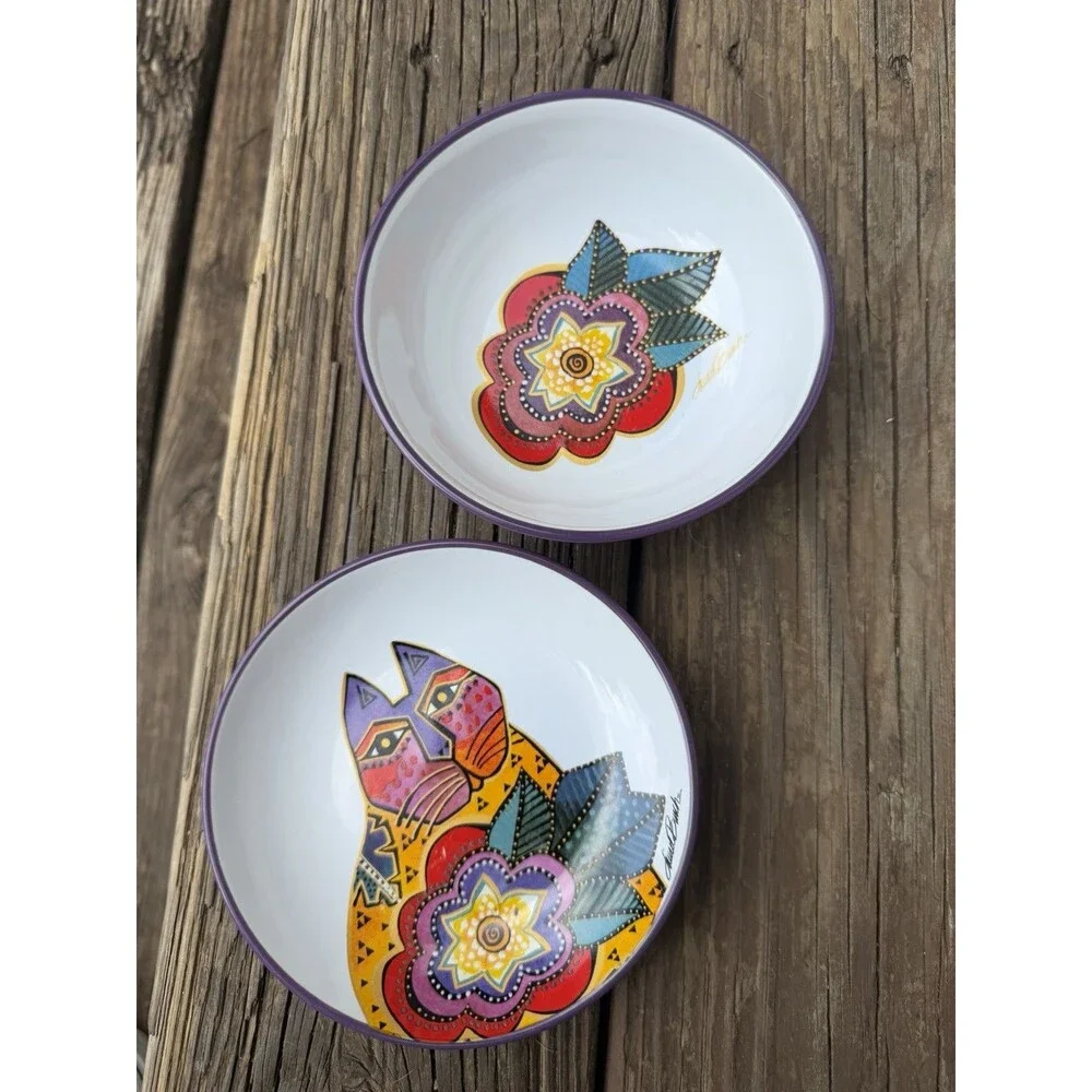 Laurel Burch Cat Floral Ceramic Plate & Bowl Set of 2 Purple 6”